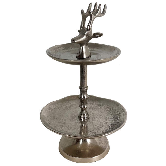 Etagere m. Hirschkopf 2 Teller Alu roh