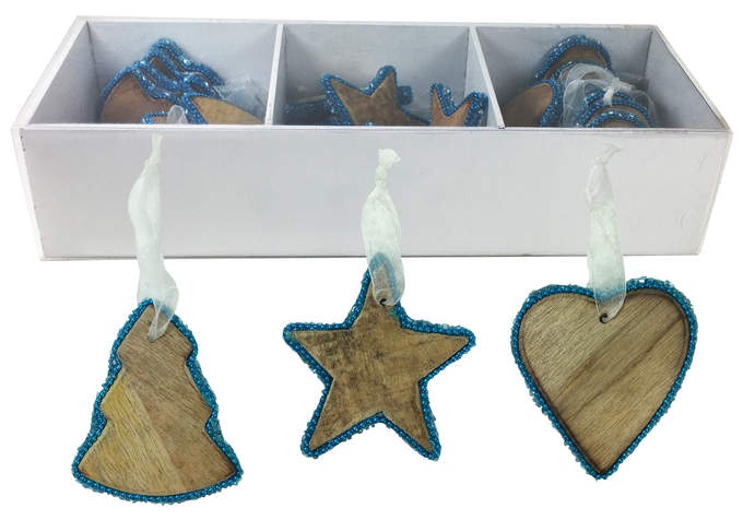 Stern-Baum-Herz aus Holz, Rand m.Glitzer 27St in Box blau