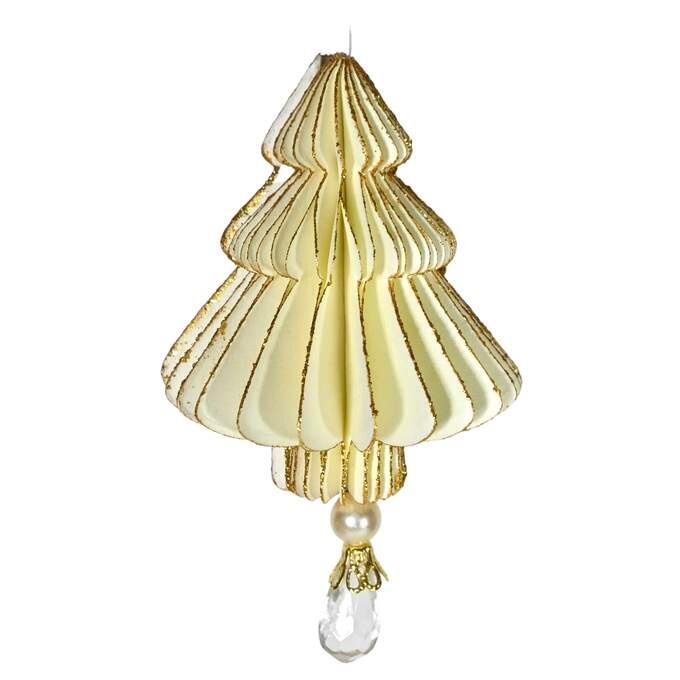 Papier Baum m. Perle häng. creme-gold