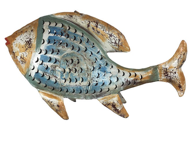 Fisch metall steh. blau/beige