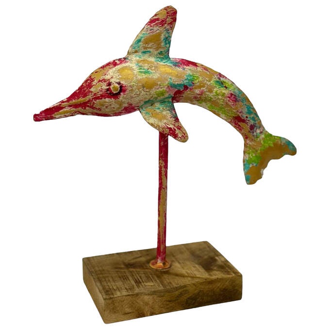 Delfin metall auf Holz gold/bunt